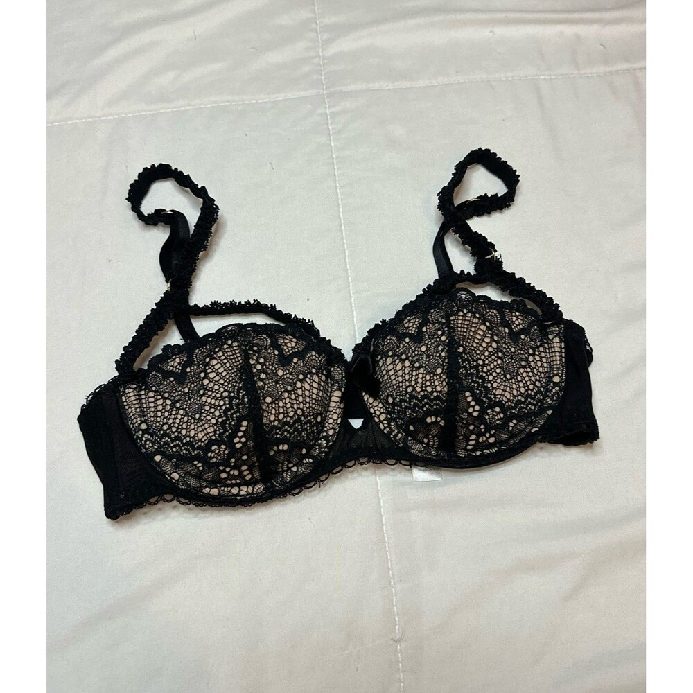 Y2K Adore Me Bra Black Nude Beige Lace Strappy 32A Underwired Witchy Gothic Bra